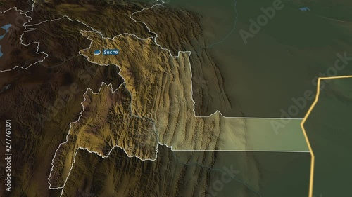 Chuquisaca - department of Bolivia with its capital zoomed on the physical map of the globe. Animation 3D photo