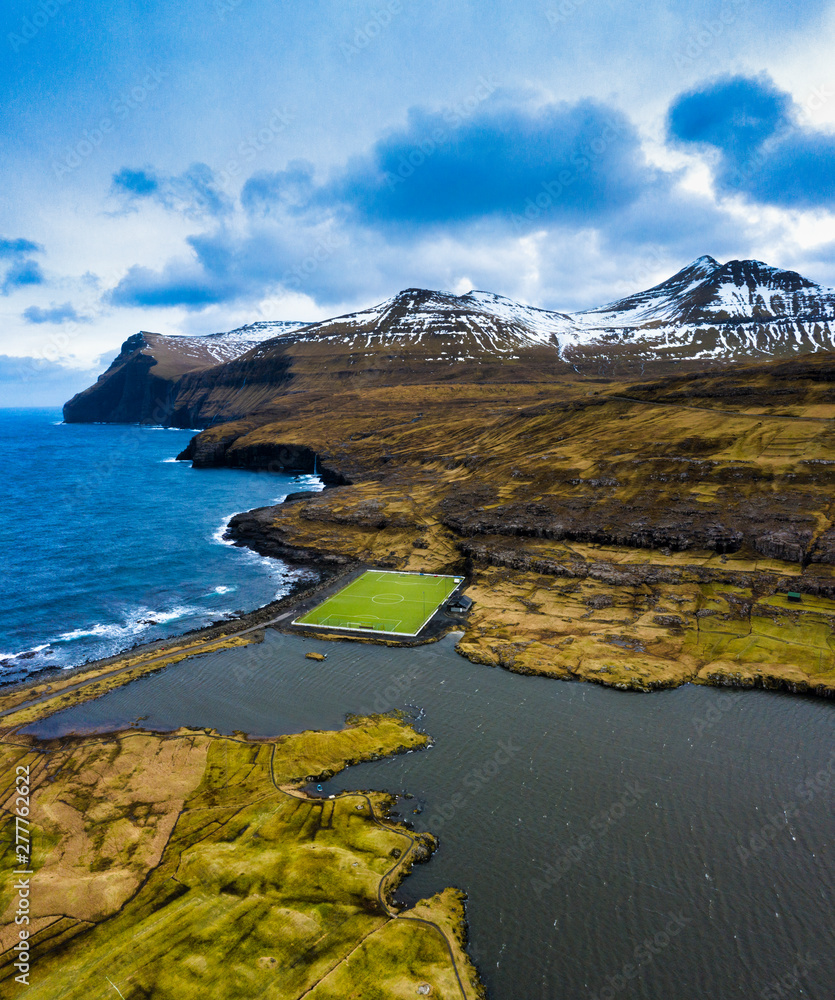 Aerial view of soccer field, Eidi, Eysturoy, Faroe Islands Aerial view of soccer field, Eidi, Eysturoy, Faroe Islands