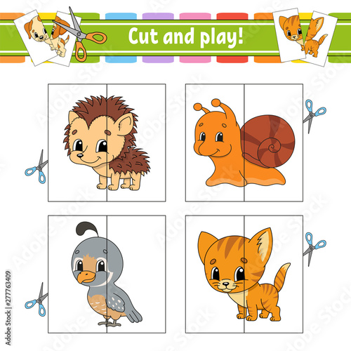 Cut and play. Flash cards. Color puzzle. Education developing worksheet. Activity page. Game for children. Funny character. Isolated vector illustration. Cartoon style.
