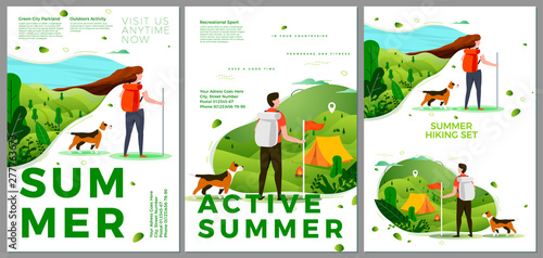 Vector summer hiking travel posters set - man and woman outdoors. Forests, trees and hills on background. Print template with place for your text.