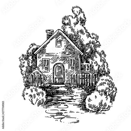 Village house with garden, fence and path. Sketch. Engraving style. Vector illustration.