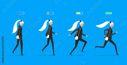 Female with high full level energy battery green and low battery . Happy woman run and go. Flat vector illustration isolated on blue background.