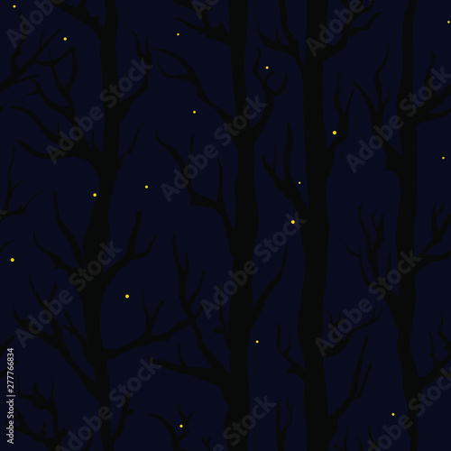 Seamless vector pattern with black tree silhouettes at dark blue sky background with stars.