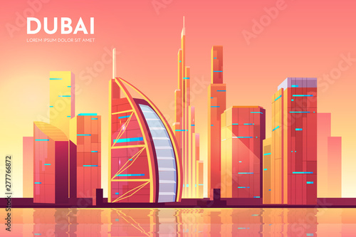 Dubai, UAE city view. Cityscape architecture background, modern megapolis skyline with futuristic buildings reflecting at Persian Gulf waterfront. United Arab Emirates Cartoon vector illustration