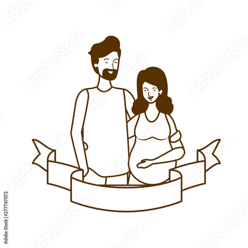 silhouette of pregnant woman with husband with decorative ribbon
