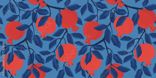 Vector seamless pattern with pomegranate fruits and seeds on white background. Design for cosmetics, spa, pomegranate juice, health care products, perfume.