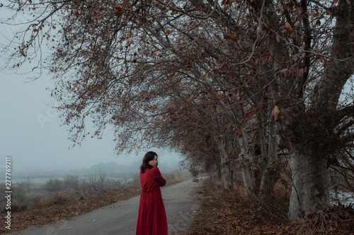 Dreamy woman in red dress walking along empty road of hazed mysterious terrain photo