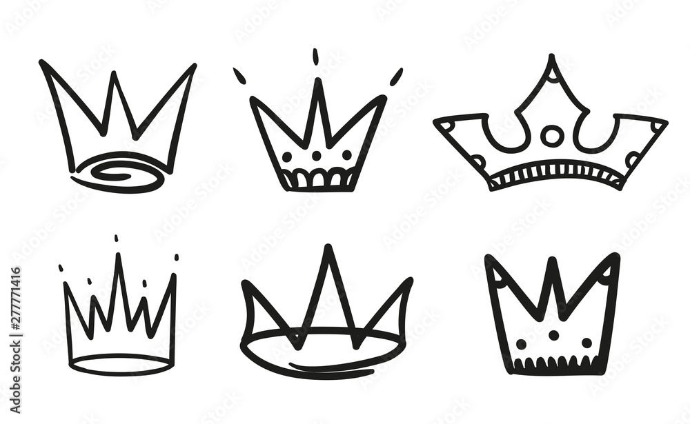 Monochrome crowns on isolated white. Hand drawn simple objects. Line art. Black and white illustration Monochrome crowns on isolated white. Hand drawn simple objects. Line art. Black and white illustration
