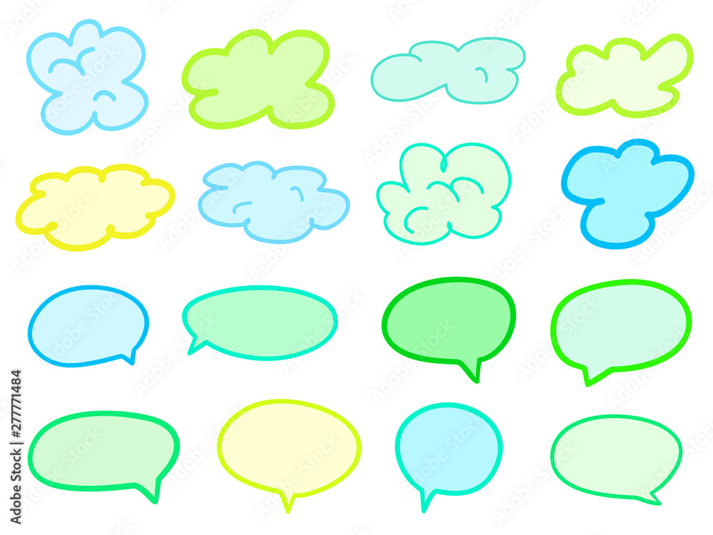 Colored sketchy clouds on white. Set of hand drawn think and talk speech bubbles. Line art creation Colored sketchy clouds on white. Set of hand drawn think and talk speech bubbles. Line art creation