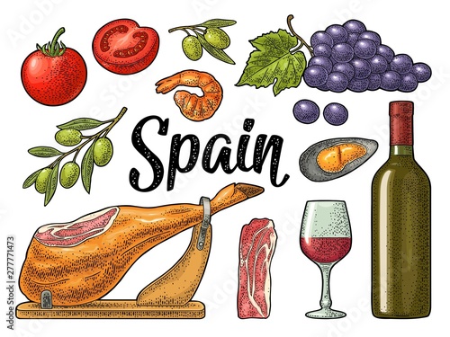 Spain traditional food set. Vector vintage color engraving