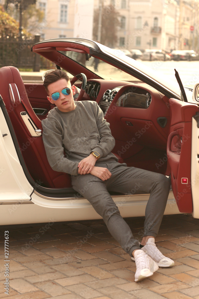 Car, bentley, luxury, sunglasses, Sexy, sexually, rich, guy. Model. Man.  Male. supercar, super car, Attractive, Lux, vehicle, driver. Auto,  automobile, success, successful, happy, dream, young. Stock Photo | Adobe  Stock