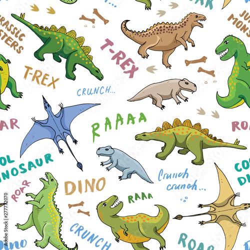 Dino Seamless Pattern, Cute Cartoon Hand Drawn Dinosaurs Doodles Vector Illustration © saint_antonio