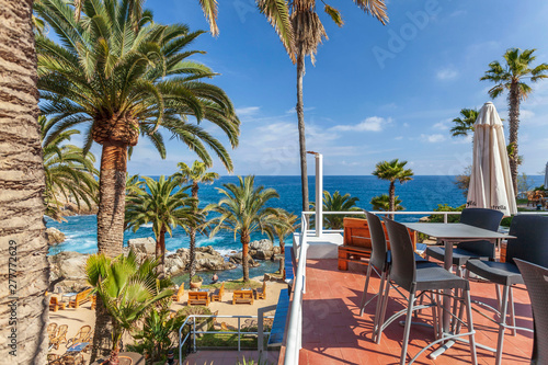 Bar terrace by the mediterranean sea in Lloret de Mar, Costa Brava, Catalonia, Spain.