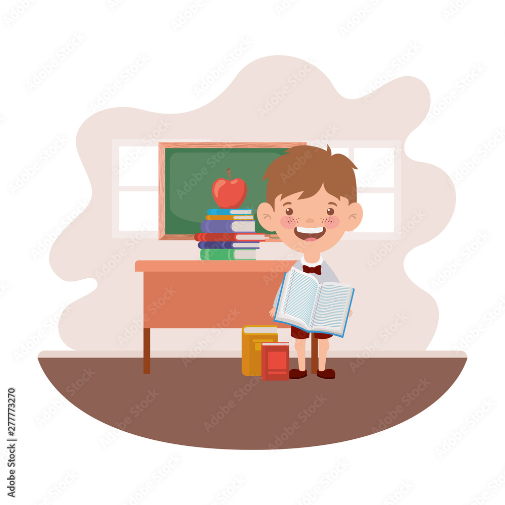 student boy with school supplies in the classroom