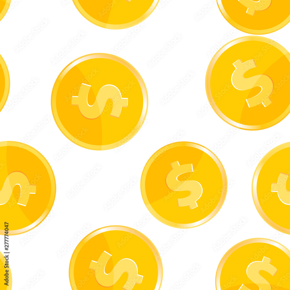 Gold coin dollar with shadow. Coin icon seamless pattern on a white background. Layers grouped for easy editing illustration. For your design Gold coin dollar with shadow. Coin icon seamless pattern on a white background. Layers grouped for easy editing illustration. For your design