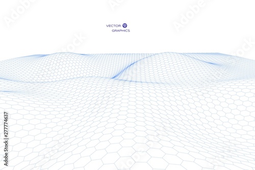 Vector abstract cyber landscape with hexagonal mesh