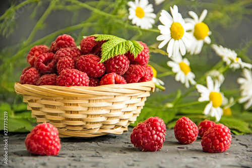 Ripe raspberries in a wicker basket on a background of white flowers of daisies on a dark table. Background with garden berries, copy space