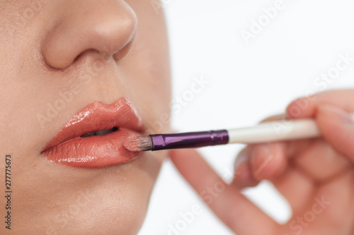 Makeup artist paints lips of client woman lipstick on a brush