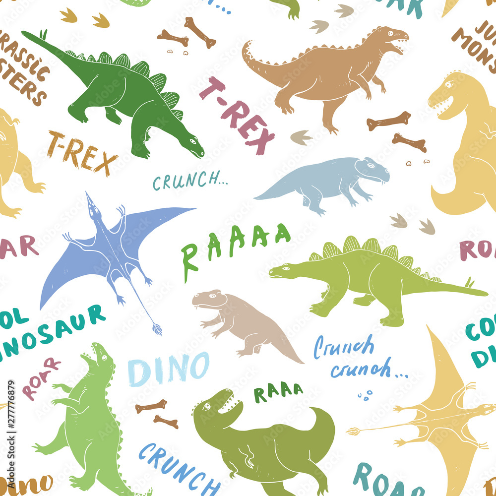 Dino Seamless Pattern, Cute Cartoon Hand Drawn Dinosaurs Doodles Vector Illustration Dino Seamless Pattern, Cute Cartoon Hand Drawn Dinosaurs Doodles Vector Illustration