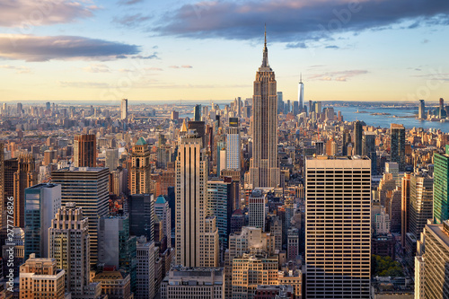 Lower and Midtown Manhattan skyline at sunrise, New York City, New York, United States