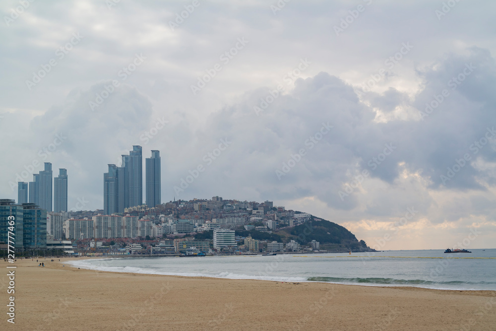 Morning view of the Haeundae Beach and cityscape Morning view of the Haeundae Beach and cityscape