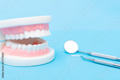 Orthodontic teeth model and professional dentist tools on the table in dentist s office