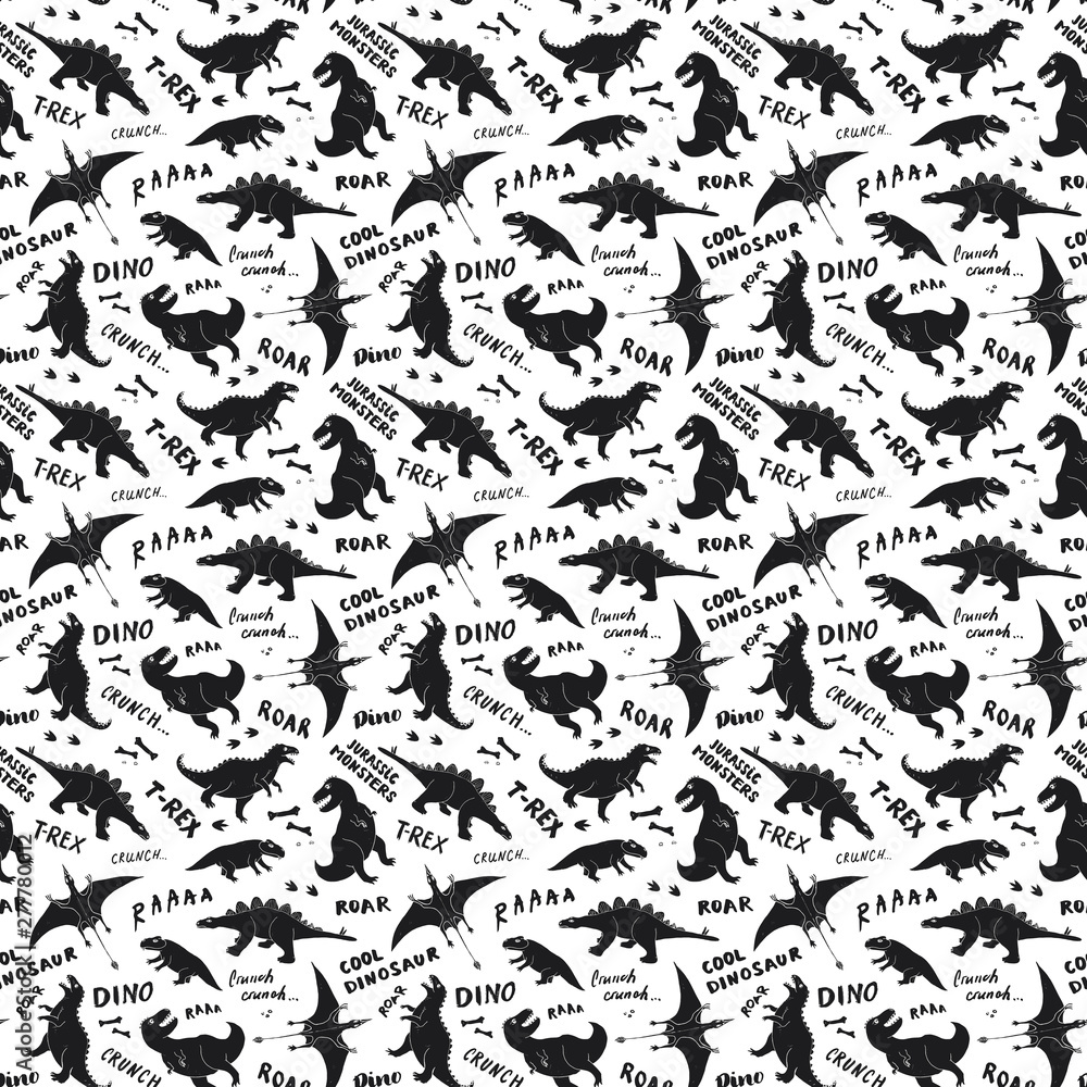Fototapeta premium Dino Seamless Pattern, Cute Cartoon Hand Drawn Dinosaurs Doodles Vector Illustration
