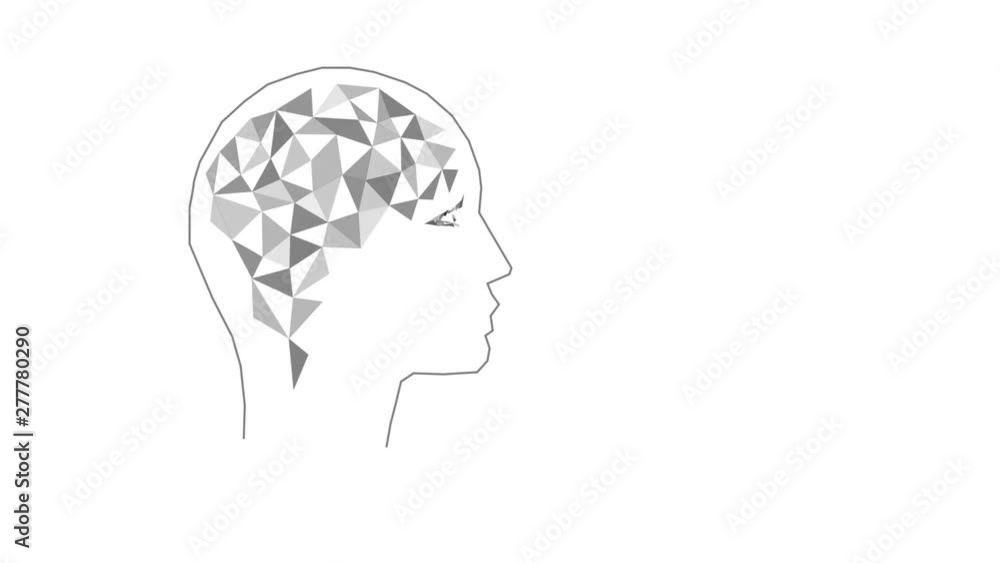 Concept of thinking human, visualization of process of thinking. Silhouette of polygonal head and brain. Polygonal animation of triangles. Black and white. Low poly. Concept of thinking human, visualization of process of thinking. Silhouette of polygonal head and brain. Polygonal animation of triangles. Black and white. Low poly.