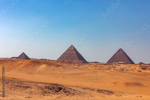 Panorama of the Great Pyramids of Giza, Egypt architecture, View from desert