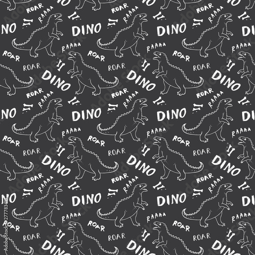 Dino Seamless Pattern, Cute Cartoon Hand Drawn Dinosaurs Doodles Vector Illustration