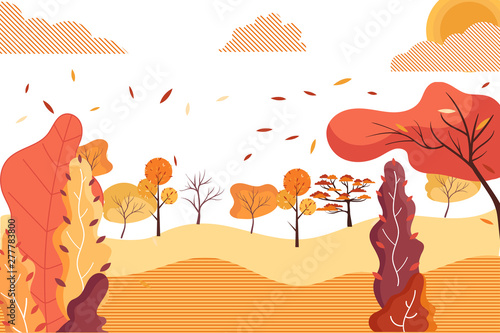 Autumn landscape.Forest countryside.Vector illustration of horizontal banner of flat park landscape.Trees and foliage  - for autumn banners for web