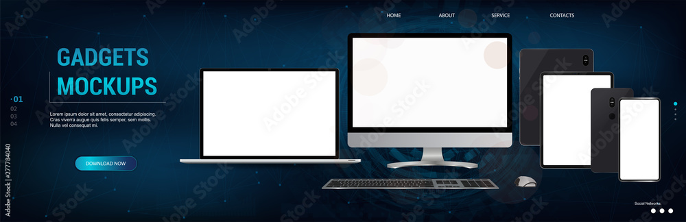 Devices Mockups set of realistic style. 3D laptop, PC, tablet and ...
