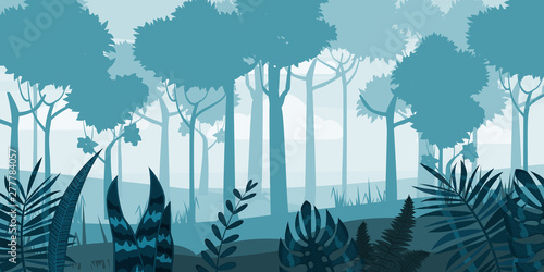 Forest silhouette wood trees, flora bushes and thickets panorama background