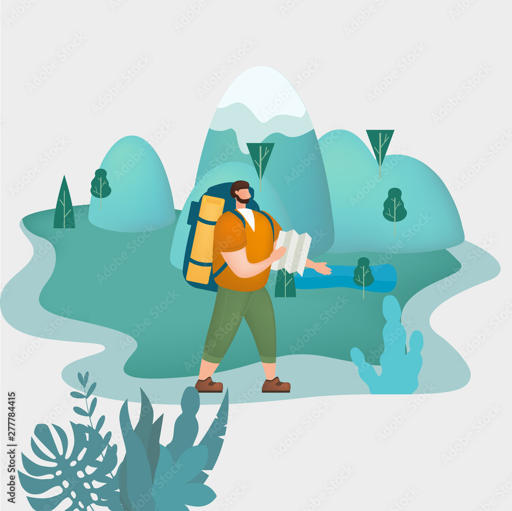 Tourist man with map and backpack performing outdoor touristic activity