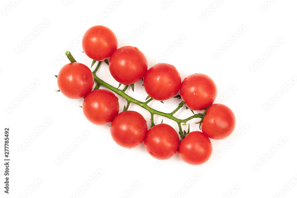 A branch of red cherry tomatoes on a white background. Small and juicy vegetable is rich in vitamins and trace elements. Healthy food. Fresh and organic vegetables. Raw food A branch of red cherry tomatoes on a white background. Small and juicy vegetable is rich in vitamins and trace elements. Healthy food. Fresh and organic vegetables. Raw food
