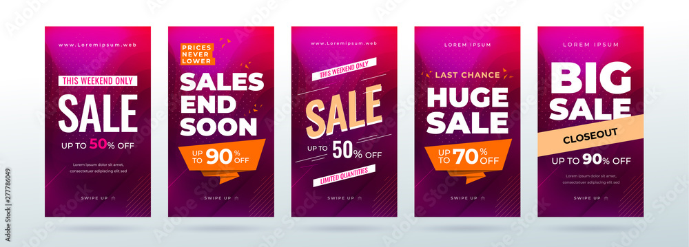 Set of dynamic modern fluid sale banners for social media stories, web page, mobile phone. Sale banner template design special offer set.