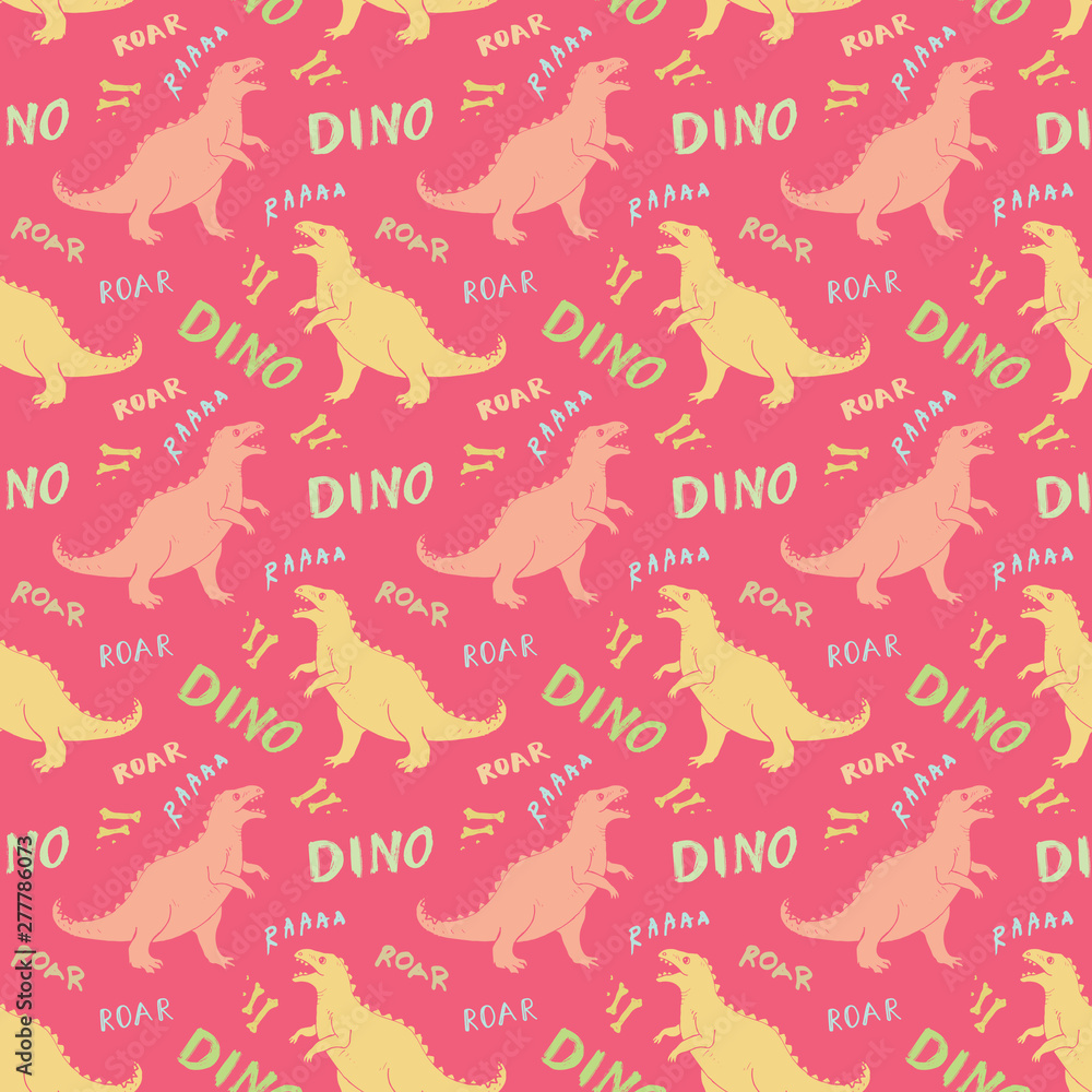 Dino Seamless Pattern, Cute Cartoon Hand Drawn Dinosaurs Doodles Vector Illustration Dino Seamless Pattern, Cute Cartoon Hand Drawn Dinosaurs Doodles Vector Illustration