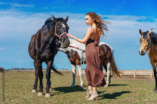beautiful woman on a Sunny day with a horse