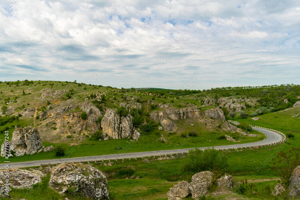 Landscape view over old rock formations in Europe in Dobrogea Gorges, Romania