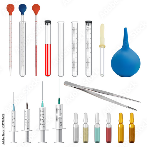 A set of medical and laboratory equipment. Measured laboratory test tubes and glass pipettes with a scale and a rubber bulb. Instruments for injections and blood tests. Vector