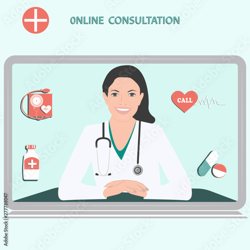Medicine online consultation. Computer - on-screen doctor, smiling woman, tonometer and medicine - light background - vector.