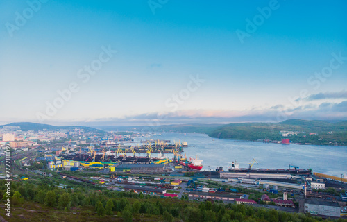 Murmansk, Russia - July 1, 2019: Aerial view panorama of city and northern port Kola Peninsula