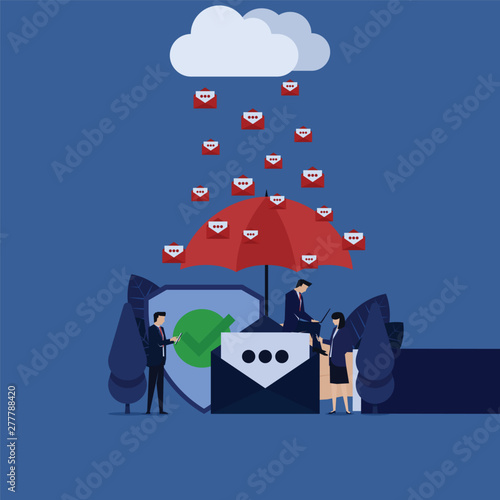 Business hand hold umbrella team work on laptop phone under rain of spam email from cloud.