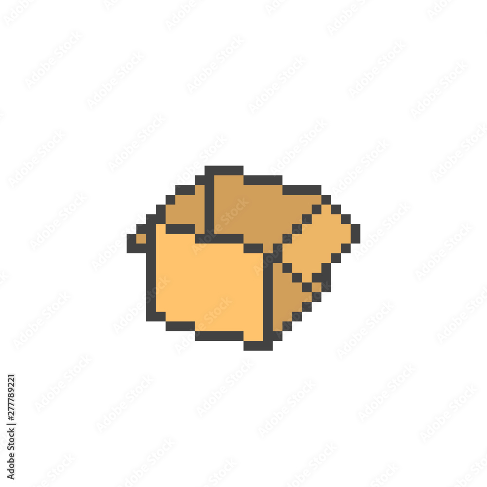 Open cardboard box, 8 bit pixel art icon isolated on white background. Old school vintage 2d video game/slot machine graphics. Shipping service logo. Package symbol. Delivery sign. Parcel pictogram. Open cardboard box, 8 bit pixel art icon isolated on white background. Old school vintage 2d video game/slot machine graphics. Shipping service logo. Package symbol. Delivery sign. Parcel pictogram.