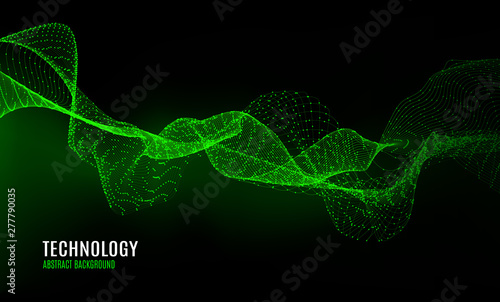 Abstract digital background with particles dots and wavy lines. 3d data visualization with fractal elements. Dynamic technology backdrop with light effect. Vector illustration