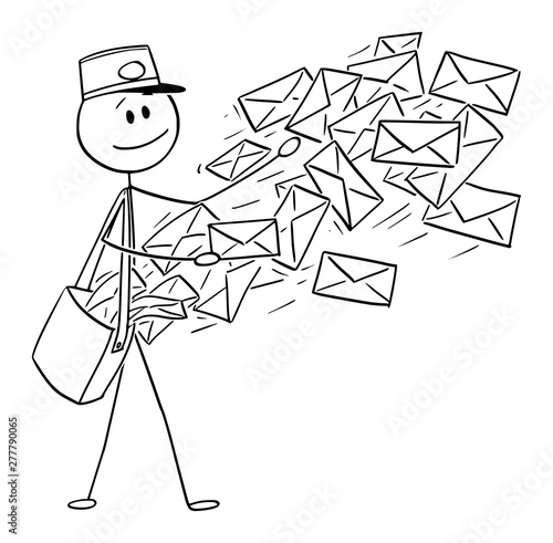 Vector cartoon stick figure drawing conceptual illustration of postman sending post or mail envelopes.