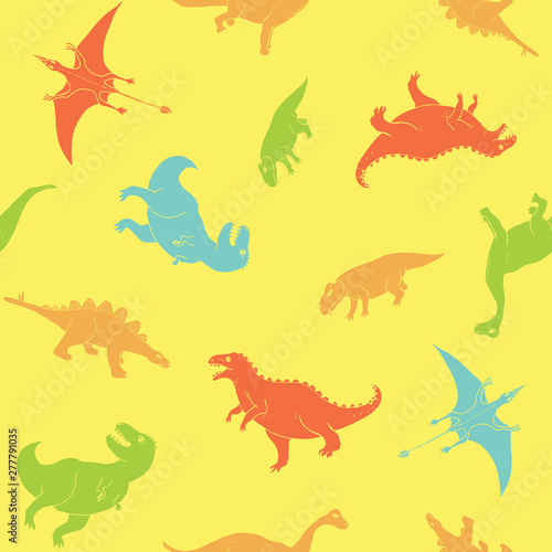 Fototapeta Naklejka Na Ścianę i Meble -  Dino Seamless Pattern, Cute Cartoon Hand Drawn Dinosaurs Doodles Vector Illustration