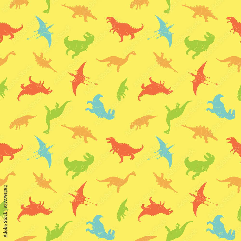 Dino Seamless Pattern, Cute Cartoon Hand Drawn Dinosaurs Doodles Vector Illustration