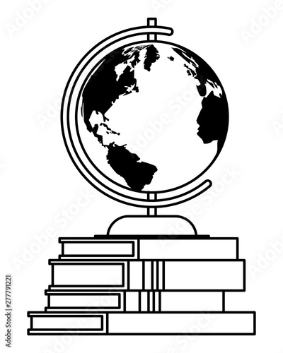 World globe on education books cartoons in black and white