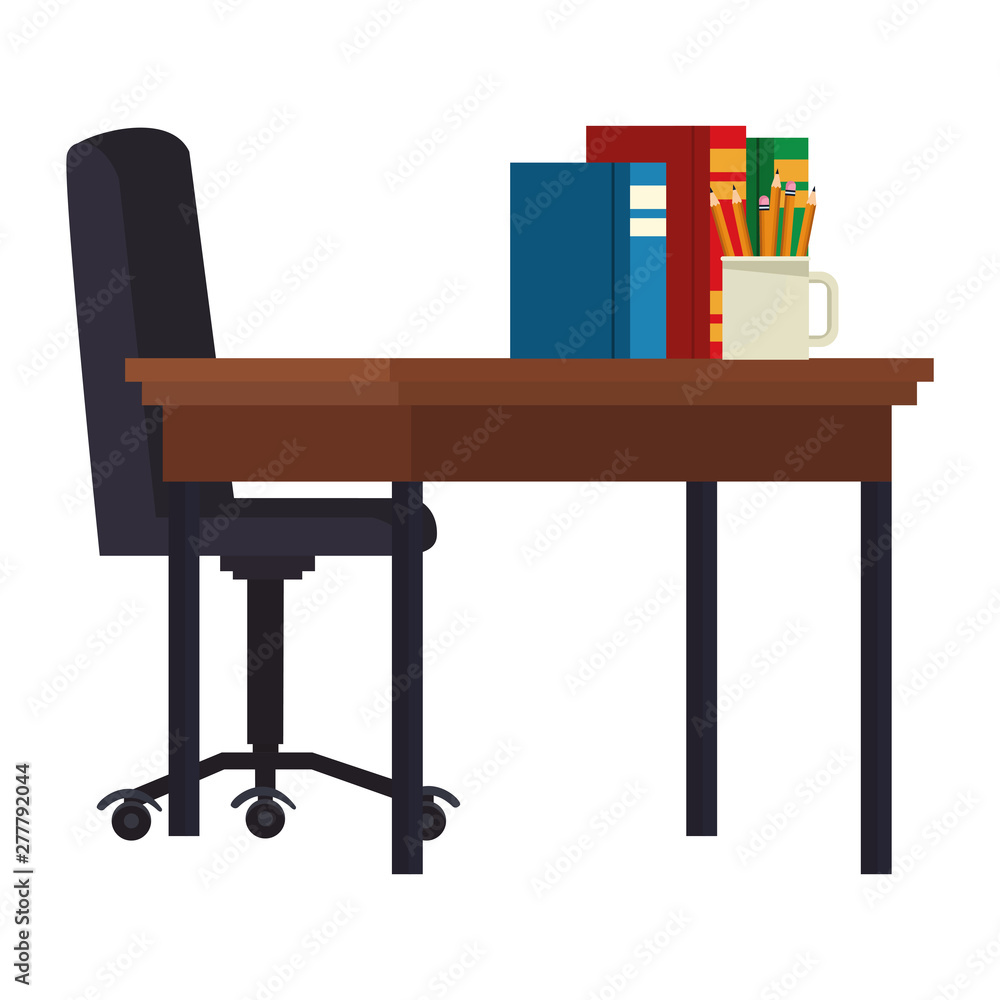 Study room chair and desk with books and pencils Study room chair and desk with books and pencils